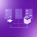 Abstract purple data-center scene with three server towers and connecting lines on a gradient background.