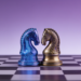 Two knight chess pieces facing each other: one blue neon/tech design, the other ornate bronze, on a checkered board with a purple gradient background.